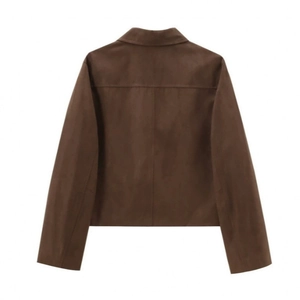 Back view of a cropped dark brown suede jacket with long sleeves and lapel collar