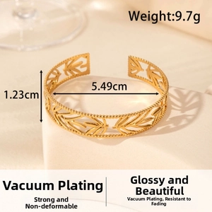 Macro shot of 1.23cm wide gold leaf cut-out cuff bracelet with vacuum plating finish