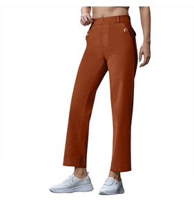 Detail of caramel straight-leg trousers showing twill fabric and gold decorative button