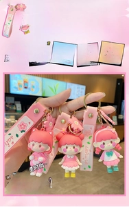 Detailed view of pink Sakura girl keychains with silicone wristbands and cute charms