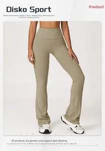 High-waisted khaki yoga flare leggings shown on model with detailed body measurements