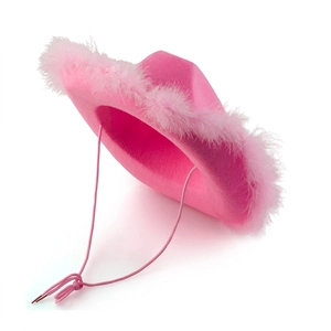 Pink cowboy hat with feather trim and adjustable chin strap on a white background