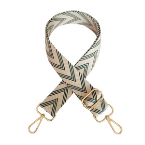 Adjustable wide canvas shoulder strap with green and beige chevron jacquard pattern