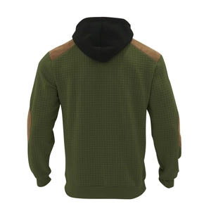 Detail of olive green quilted hoodie with brown shoulder patches and black hood from back view