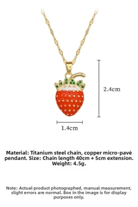 Detailed view of strawberry pendant size 1.4cm x 2.4cm with titanium steel chain