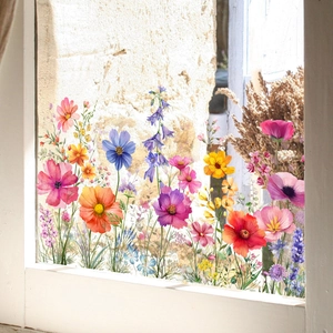 Double-sided watercolor floral window stickers featuring colorful cosmos and bellflowers