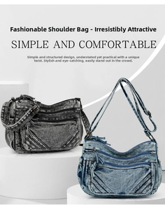 Detail of retro washed denim crossbody bags with multi-pocket design and adjustable straps