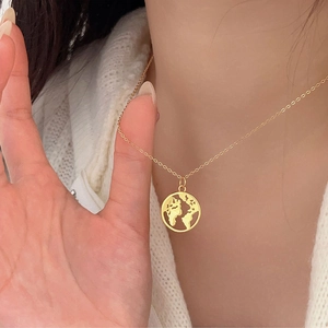 Minimalist 925 sterling silver golden necklace with cutout world map pendant for women