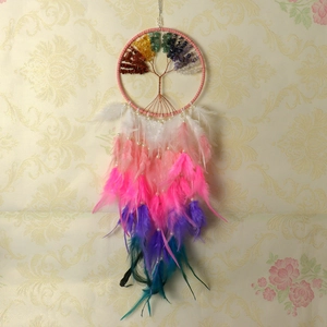 Detail of life tree dream catcher with colorful crystal stones and vibrant feathers