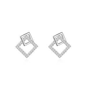 Elegant geometric interlocking rhodium-plated square stud earrings with crystal pavé accents