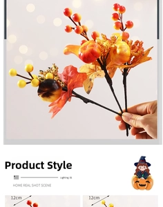 Detail of 12cm Halloween autumn floral pick with maple leaves, berries and pumpkins