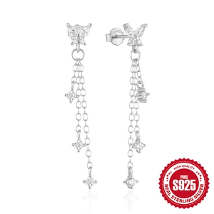 S925 Sterling Silver Butterfly Tassel Earrings with sparkling cubic zirconia drops