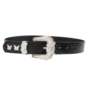 Black crocodile embossed leather belt for women with rhinestone encrusted butterfly buckle