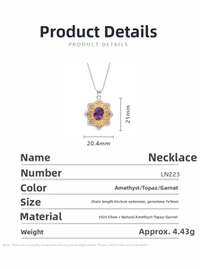 Detail view of S925 silver necklace featuring amethyst pendant with size dimensions