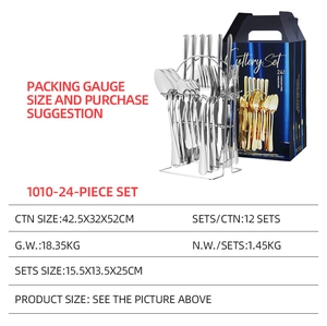 Detailed view of the 24-piece stainless steel cutlery set with storage rack and gift box