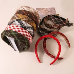 Retro Plaid Tweed Padded Headband For Women Autumn Winter Sponge Wide Hair Band Cranium Heightening Handmade Fabric Hairband