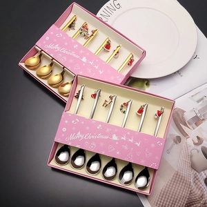 6-piece Christmas coffee spoon set in gold and silver finish with festive charms in gift box