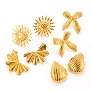 Polished gold stainless steel earring set featuring bow, sun, and striped drop designs
