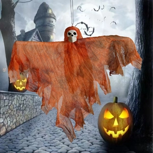 Hanging Halloween ghost decoration with orange mesh robe and skull head in spooky scene