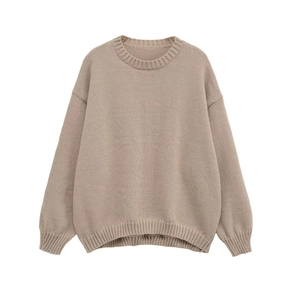 Women Oatmeal Crew Neck Knit Sweater Pullover Loose Fit Drop Shoulder Long Sleeve Polyester Casual Ribbed Elegant