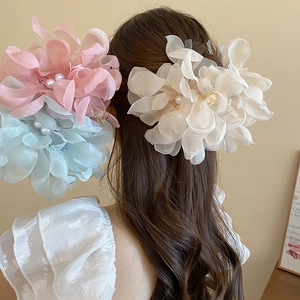 Large Organza Flower Hair Claw Clip With Faux Artificial Pearl Elegant Lace Fabric Hair Crab For Women Sweet Hair Accessories