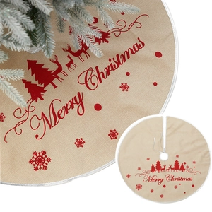Linen Christmas tree skirt with red Merry Christmas print and festive pattern 1m