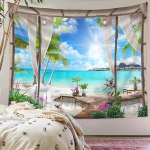 Detail of high-definition tropical beach landscape tapestry on a bedroom wall