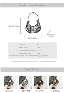Size guide for mini leopard print crescent bag showing dimensions 15x12x5.5cm in PU leather