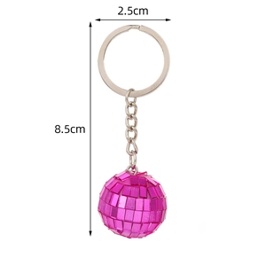 Pink disco ball keychain with silver metal ring and chain, showing 8.5cm total length
