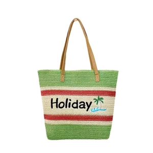 Holiday themed striped woven straw tote bag with green and red accents and embroidery