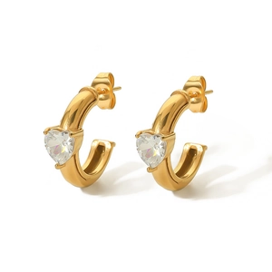 18k gold plated stainless steel C-shaped hoop earrings with a heart-shaped crystal center