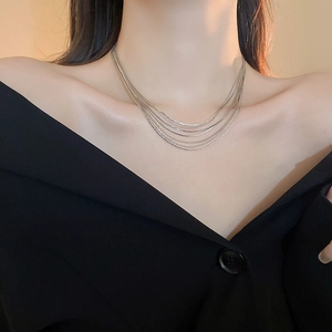 Detail einer silbernen mehrlagigen Kette, präsentiert am Hals eines Models