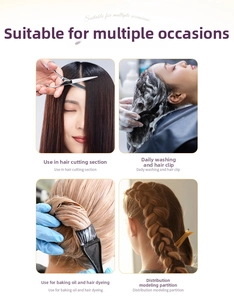 Hair clips shown in various scenarios including hair cutting, washing, and salon styling
