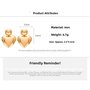 Detailed specs of gold heart earrings with iron material and 925 silver needle posts