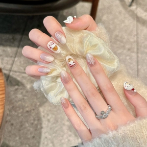Handcrafted Christmas snowman press-on nails with 3D snowflakes and velvet ribbon details