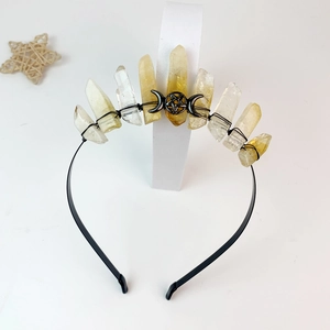 Handmade crown headband with natural yellow crystals and celestial moon star charms
