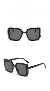Front and side views of classic black square frame sunglasses with dark lenses