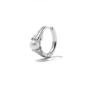 Elegant 925 sterling silver pearl hoop earring with shell texture on white background