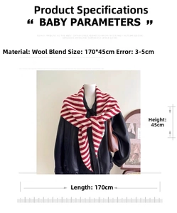 Detail of red and white striped wool blend knitted triangular scarf on black jacket