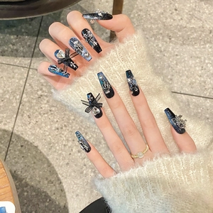 Handmade long ballet dark starry sky press-on nails with 3D black bow and silver rhinestones