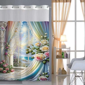 Waterproof polyester shower curtain with 3D white rose and ocean sunrise scenery print