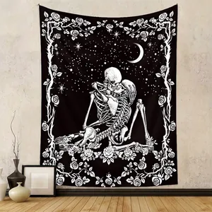 Gothic Skull Kissing Tapestry Wall Hanging Polyester Black White Skeleton Lovers Rose Floral Moon Stars Boho Decor