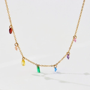 Golden stainless steel necklace with multi-colored zircon charms in various shapes