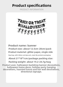 Detail showing trick or treat glitter paper banner dimensions and assembly parts for party