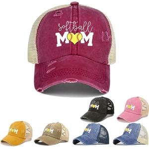 Softball MOM Ponytail Baseball Cap Distressed Washed Mesh Trucker Hat For Women Crisscross Breathable Outdoor Sun Hat