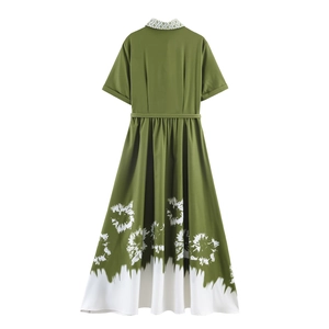 Elegant French green and white printed shirt dress with matching belt and floral pattern