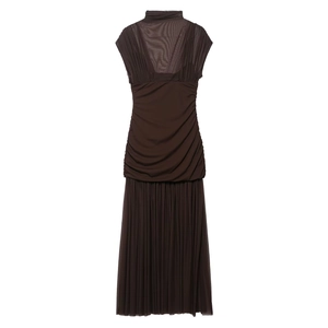 Elegant dark brown sleeveless maxi dress with high neck and mesh pleated details