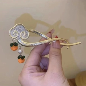 Chinese Style Persimmon Hair Clip Elegant Ruyi Cloud Alloy Rhinestone Faux Artificial Pearl Hairpin For Women Retro Hair Ornament
