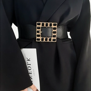 Detail of 6cm wide black elastic waist belt with acrylic square rhinestone gold buckle