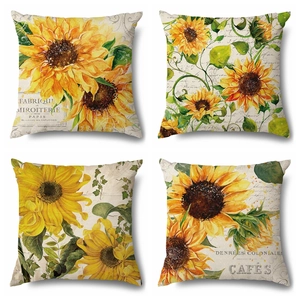 Set of four sunflower linen pillow covers with vintage French script print designs